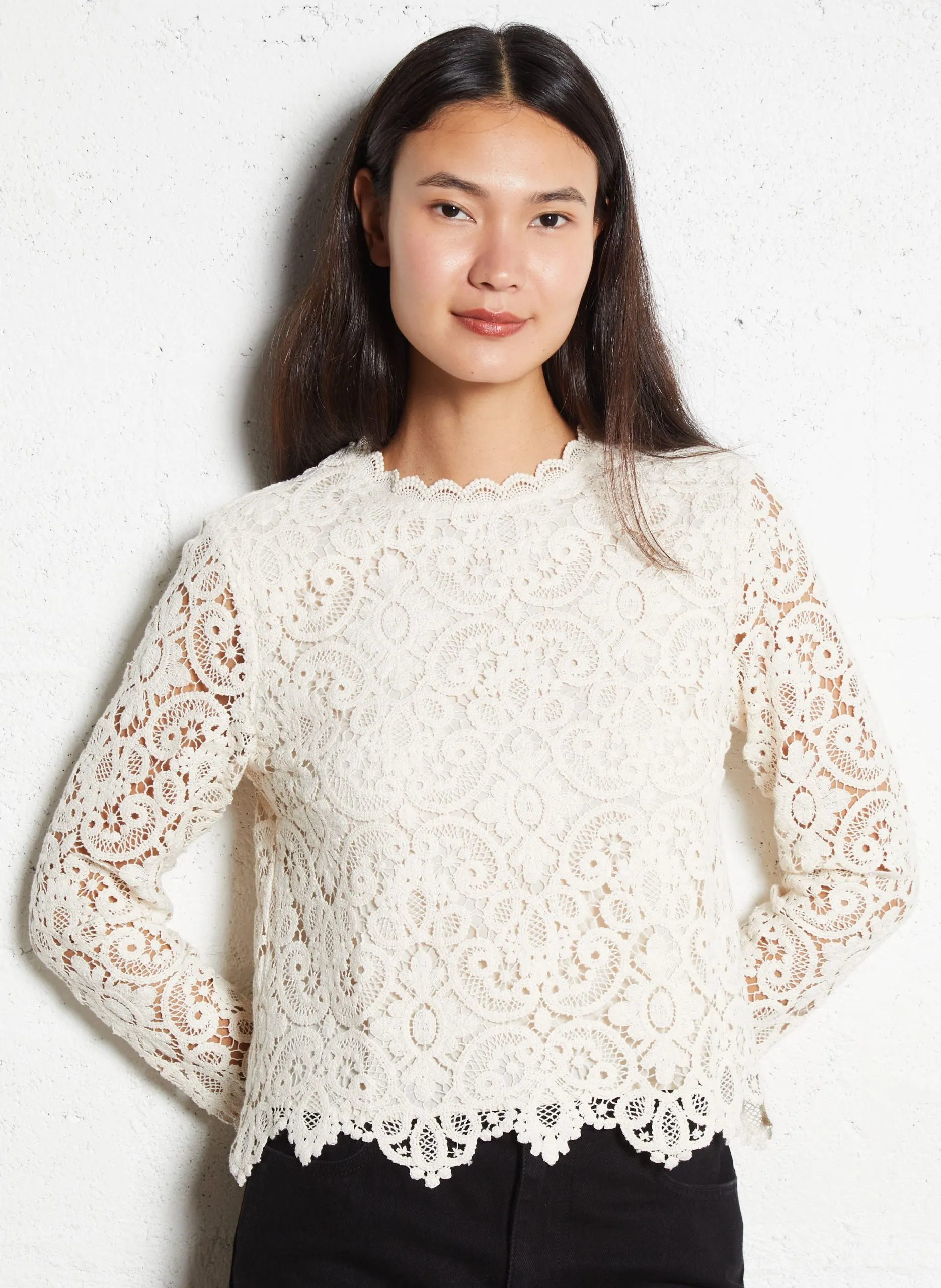 Top manches longues dentelle en coton bio Blanc LARA