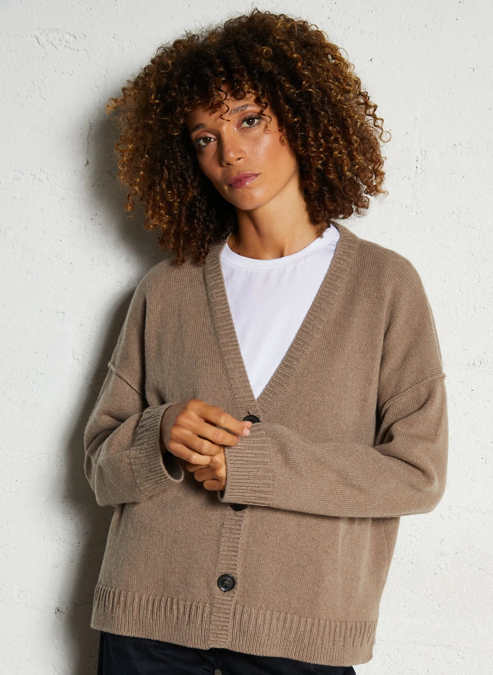 Gilet ample col V en laine et cachemire Marron BARATY