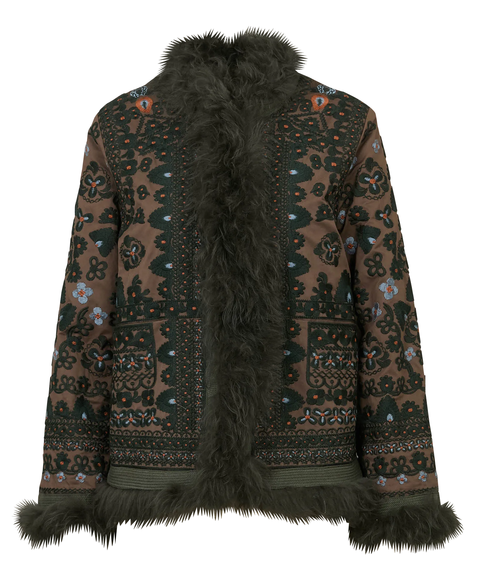 Veste droite brodée avec fausse fourrure Kaki SANDORA