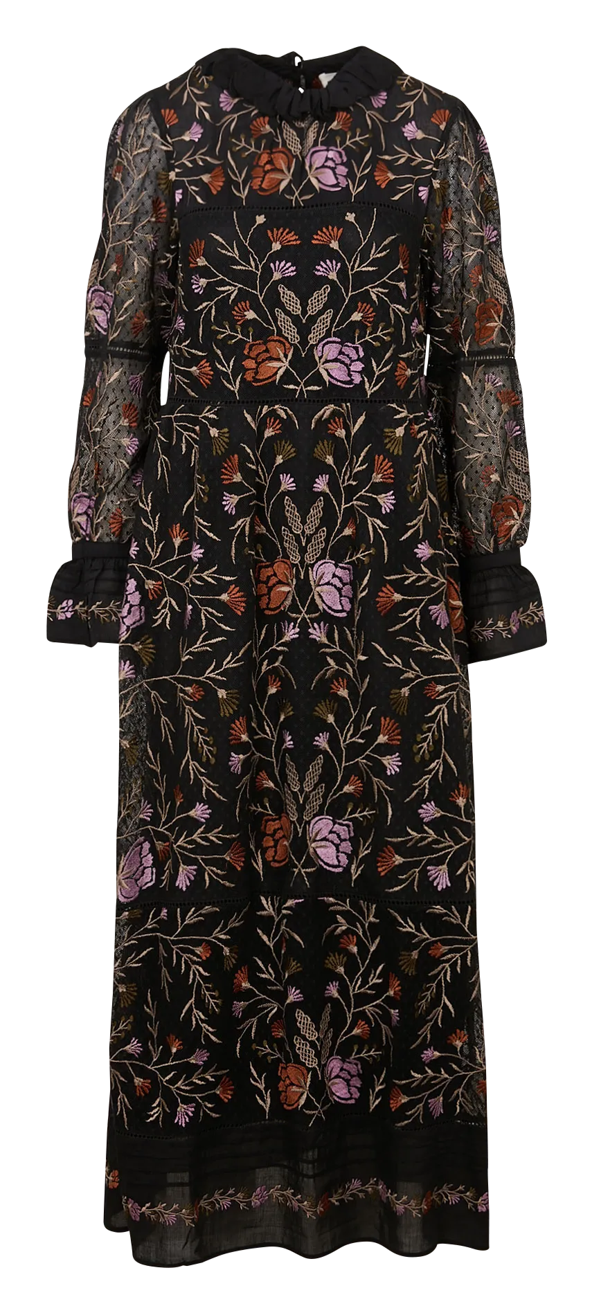 Robe longue col victorien en coton brodé Noir ARIMA