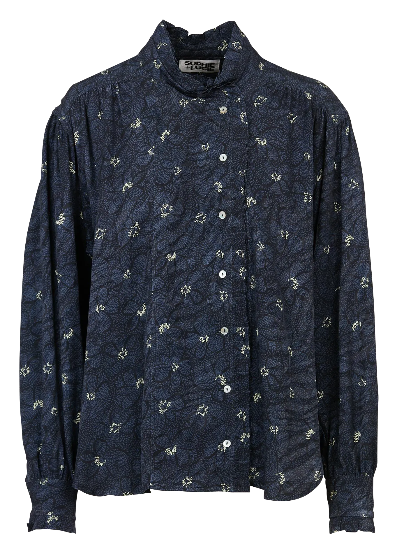 Blouse ample col montant imprimée en coton Bleu CATALINA