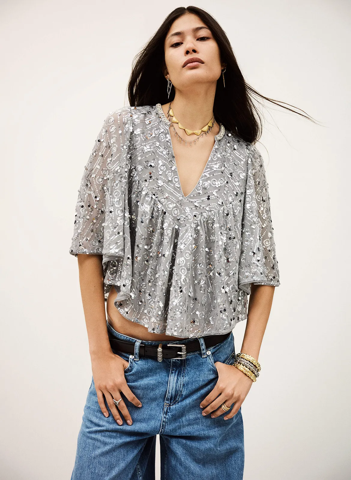 Top ample col V à sequins Argent CARA