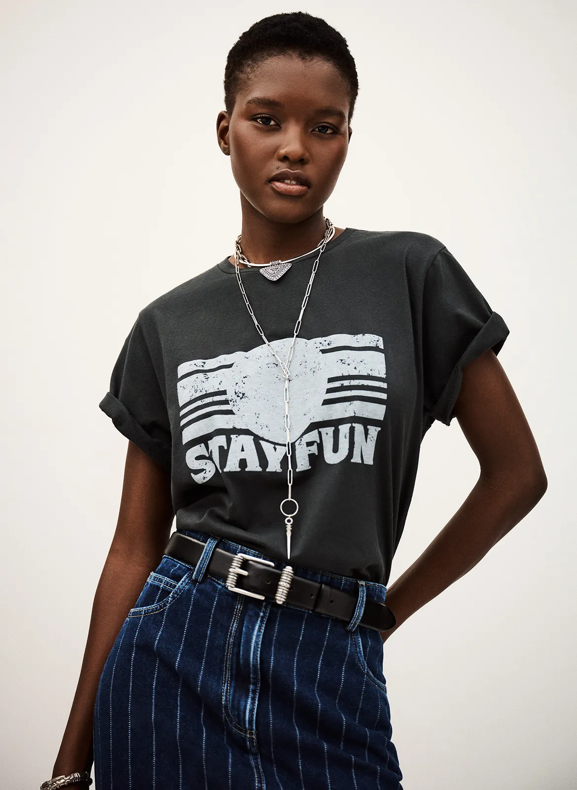 Tee-shirt droit col rond sérigraphié Noir REESE