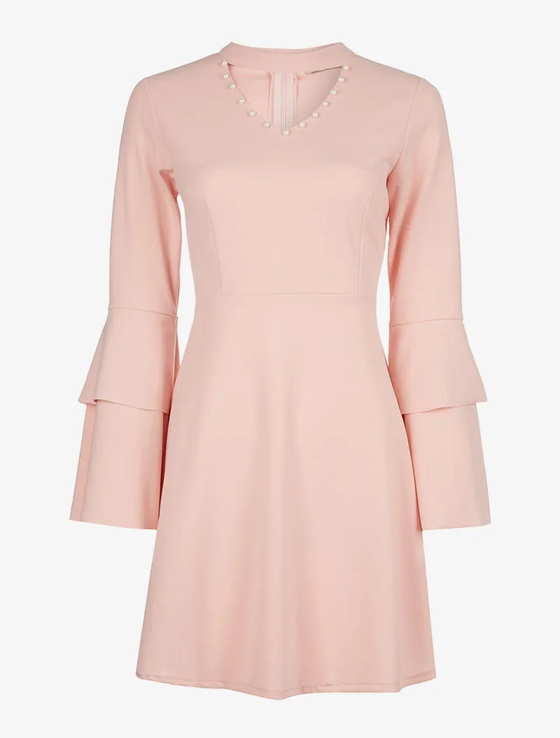 Robe volantée col perlé - rose