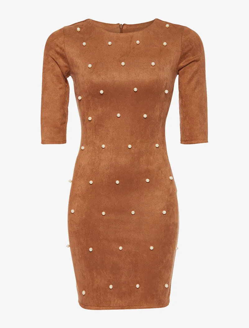 Robe daim à perles - marron