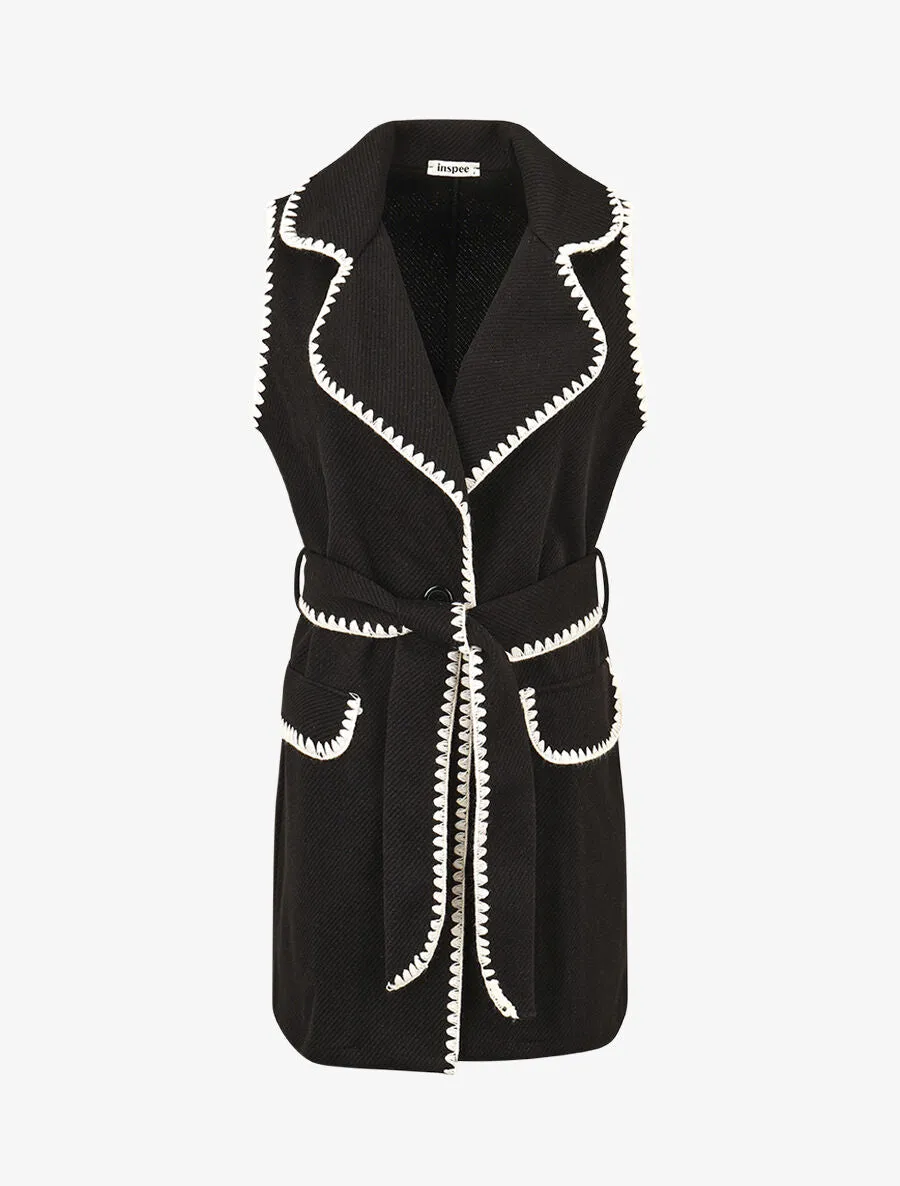 Gilet long sans manches à détail brodé - Noir