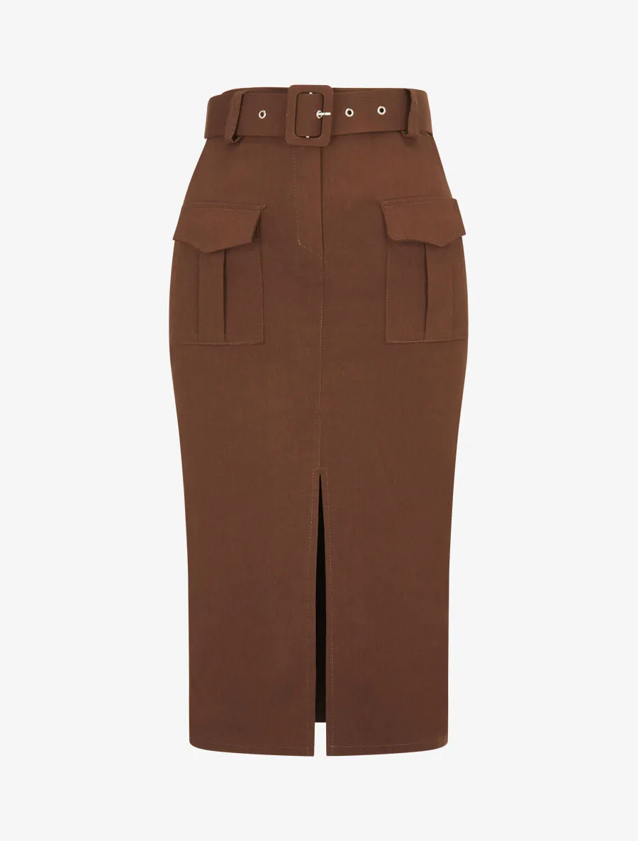 Jupe droite fendue à poches - Marron