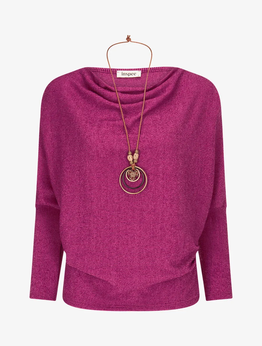 Pull côtelé avec sautoir - Fushia