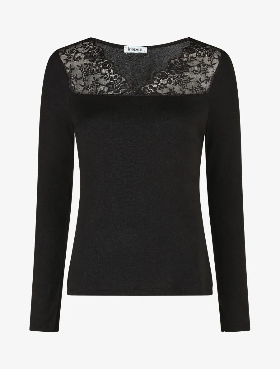 Pull fin à encolure carrée empiècement dentelle - Noir