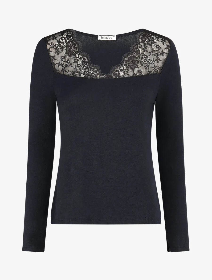 Pull fin à encolure carrée empiècement dentelle - Marine