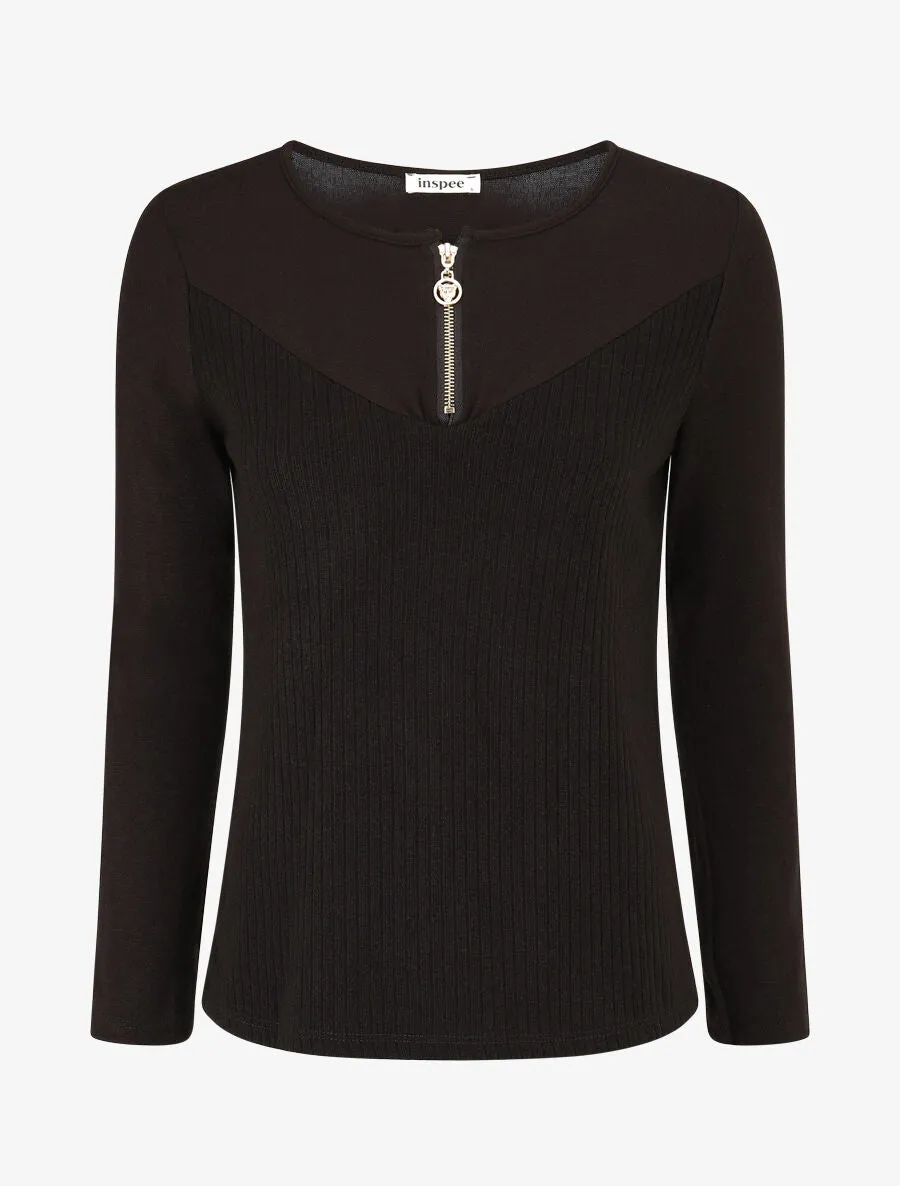 Pull bimatière à encolure zippée - Noir