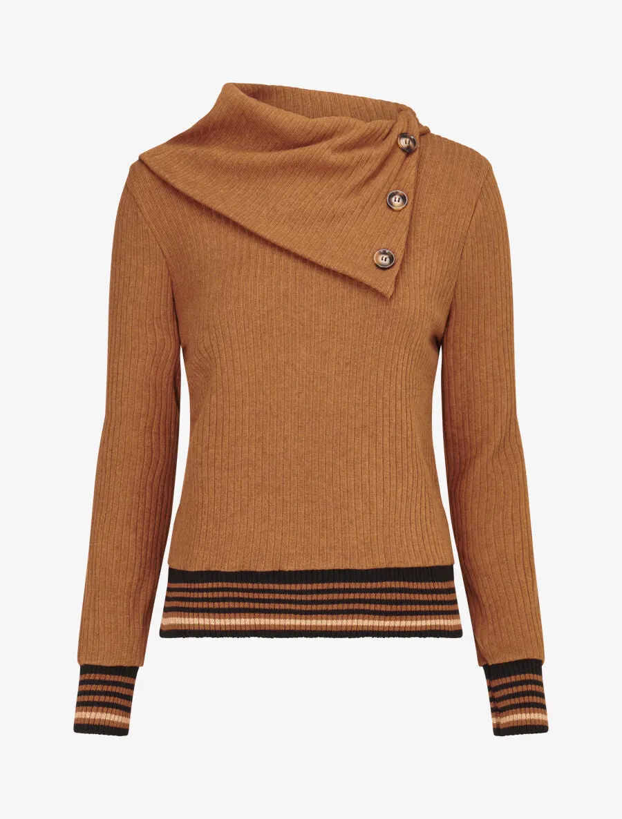 Pull fin côtelé à col stylisé - Camel
