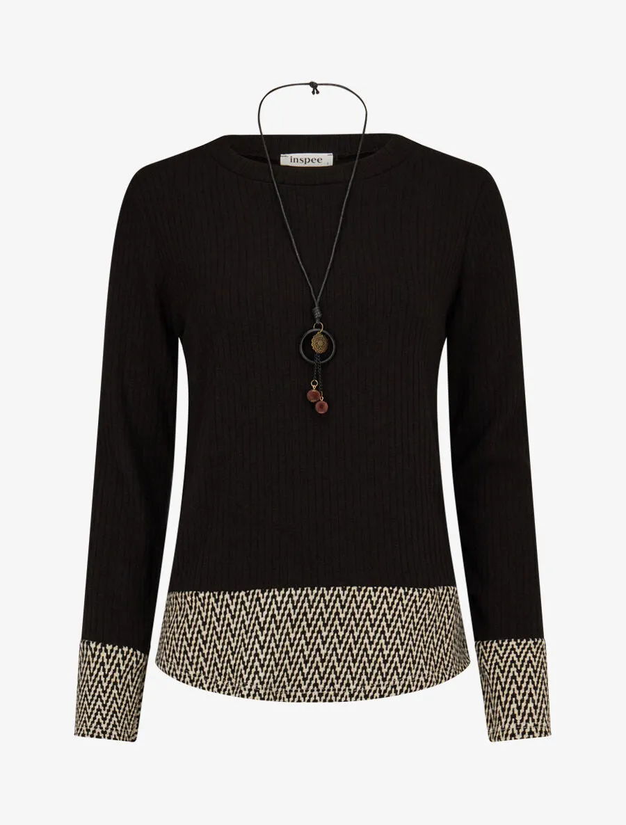 Pull droit côtelé à bords stylisés - Noir