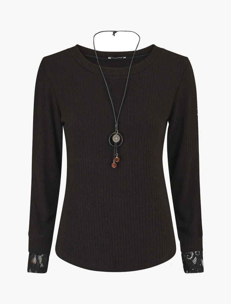 Pull côtelé à manches détails dentelle - Noir