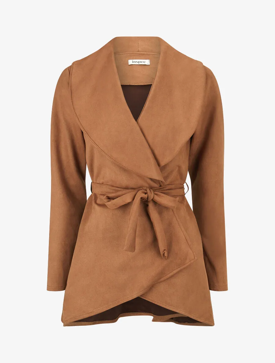 Veste longue unie en suédine - Camel