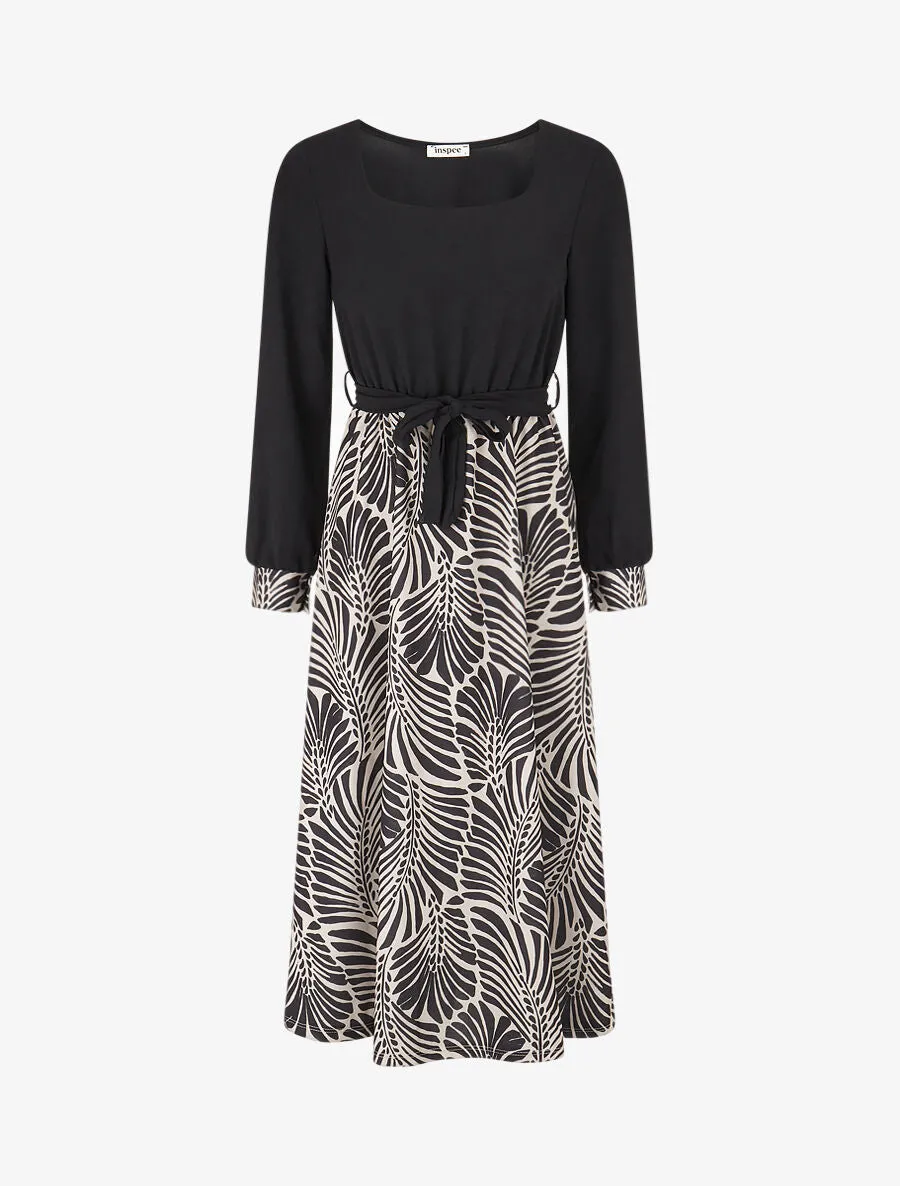 Robe évasée à jupe imprimé végétal - Noir