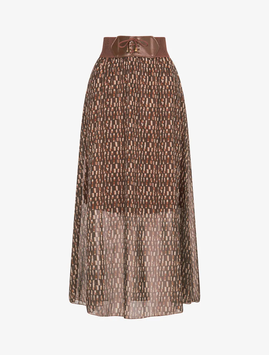 Jupe longue en voile imprimé cubes - Marron