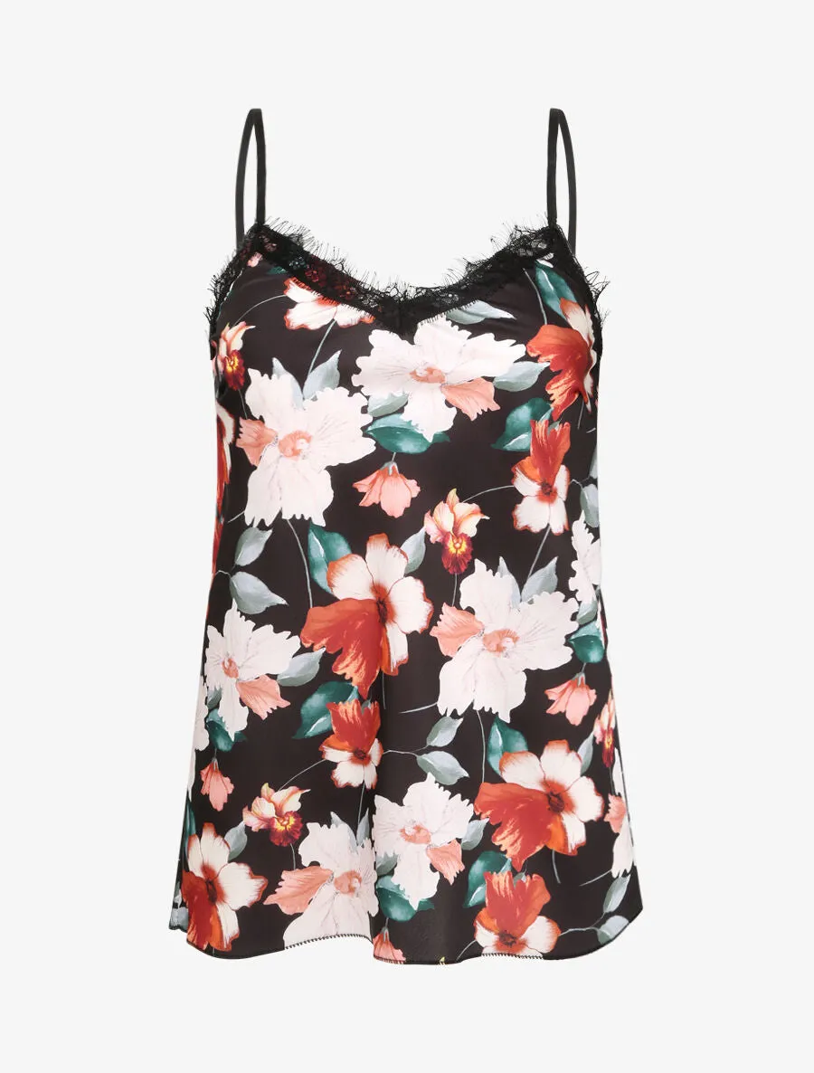 Caraco droit imprimé hibiscus et dentelle - Noir