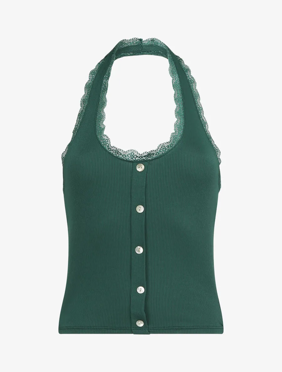 Top slim dos nu et dentelle - Vert foncé