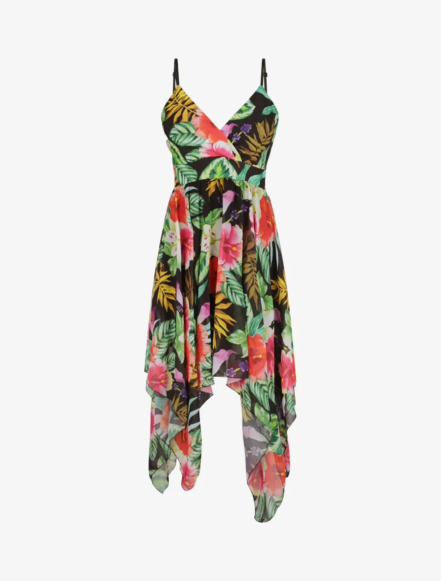 Robe empire mi-longue asymétrique imprimé hibiscus - Noir