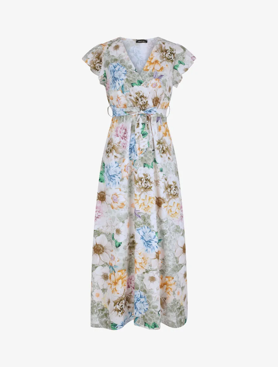 Robe longue cintrée imprimé pivoines stylisées - Vert olive