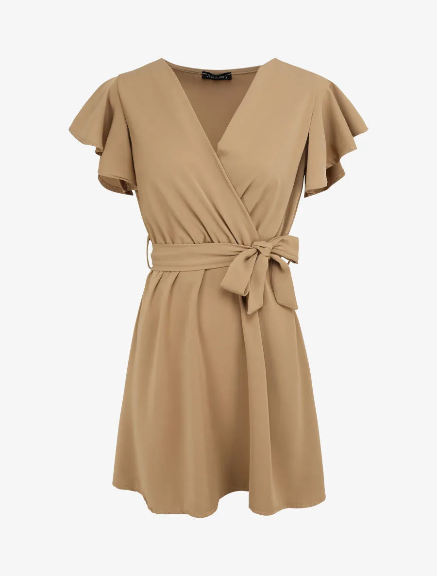 Robe patineuse courte à manches courtes volantées - Beige