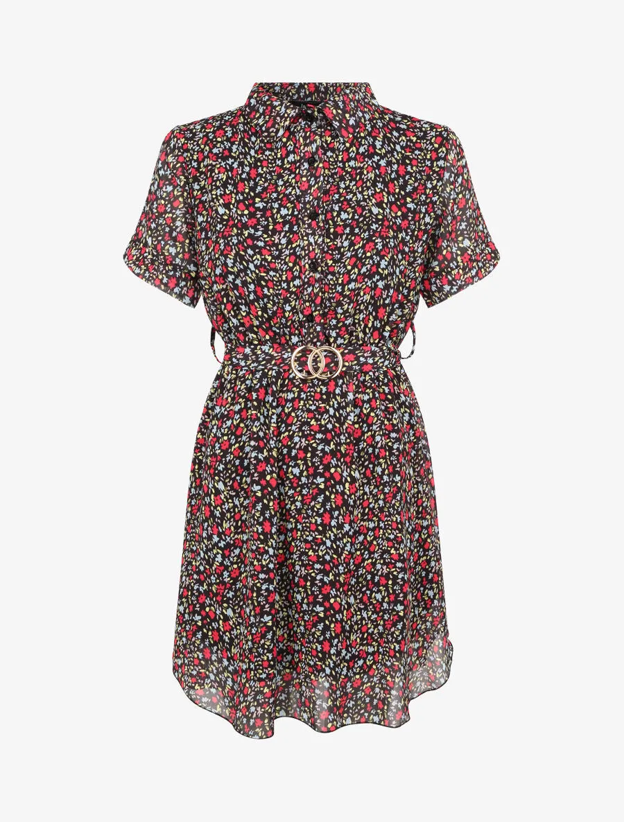 Robe patineuse courte imprimé floral - Noir