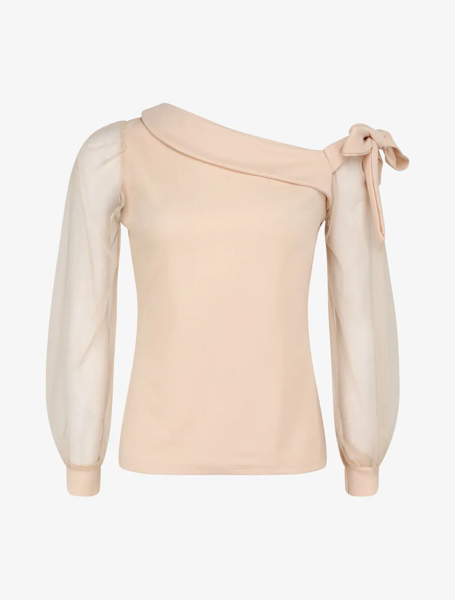 Top à manches en tulle et détail noeud - Beige