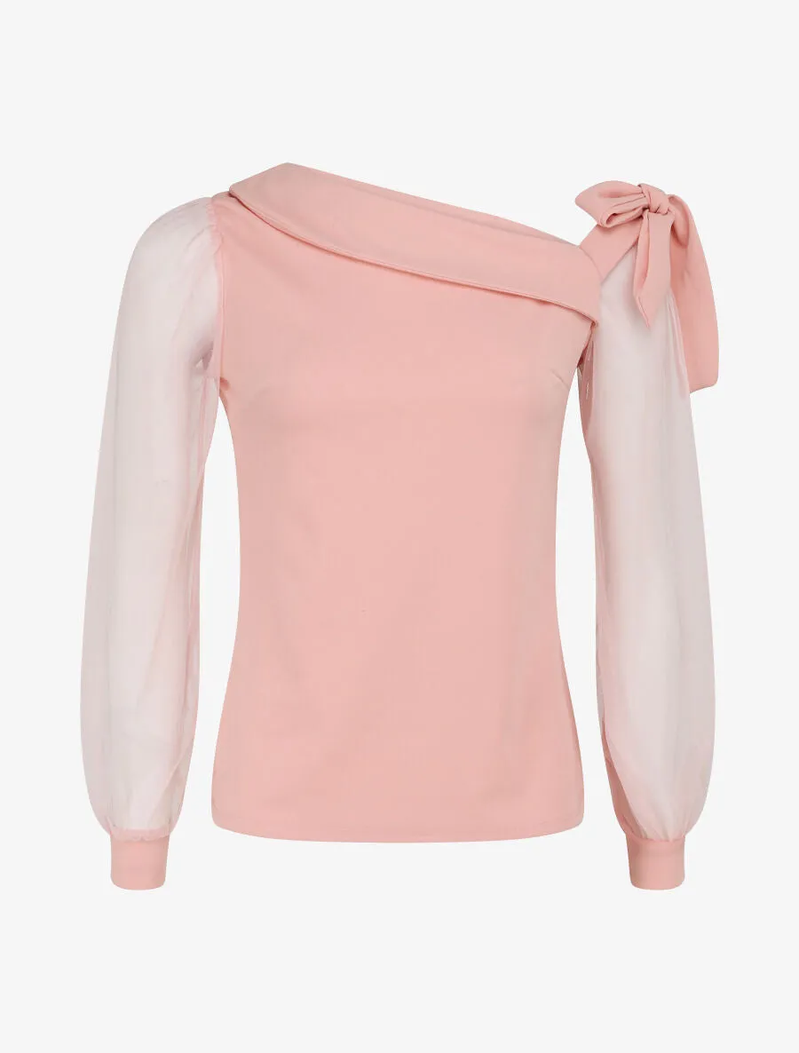Top à manches en tulle et détail noeud - Rose pâle