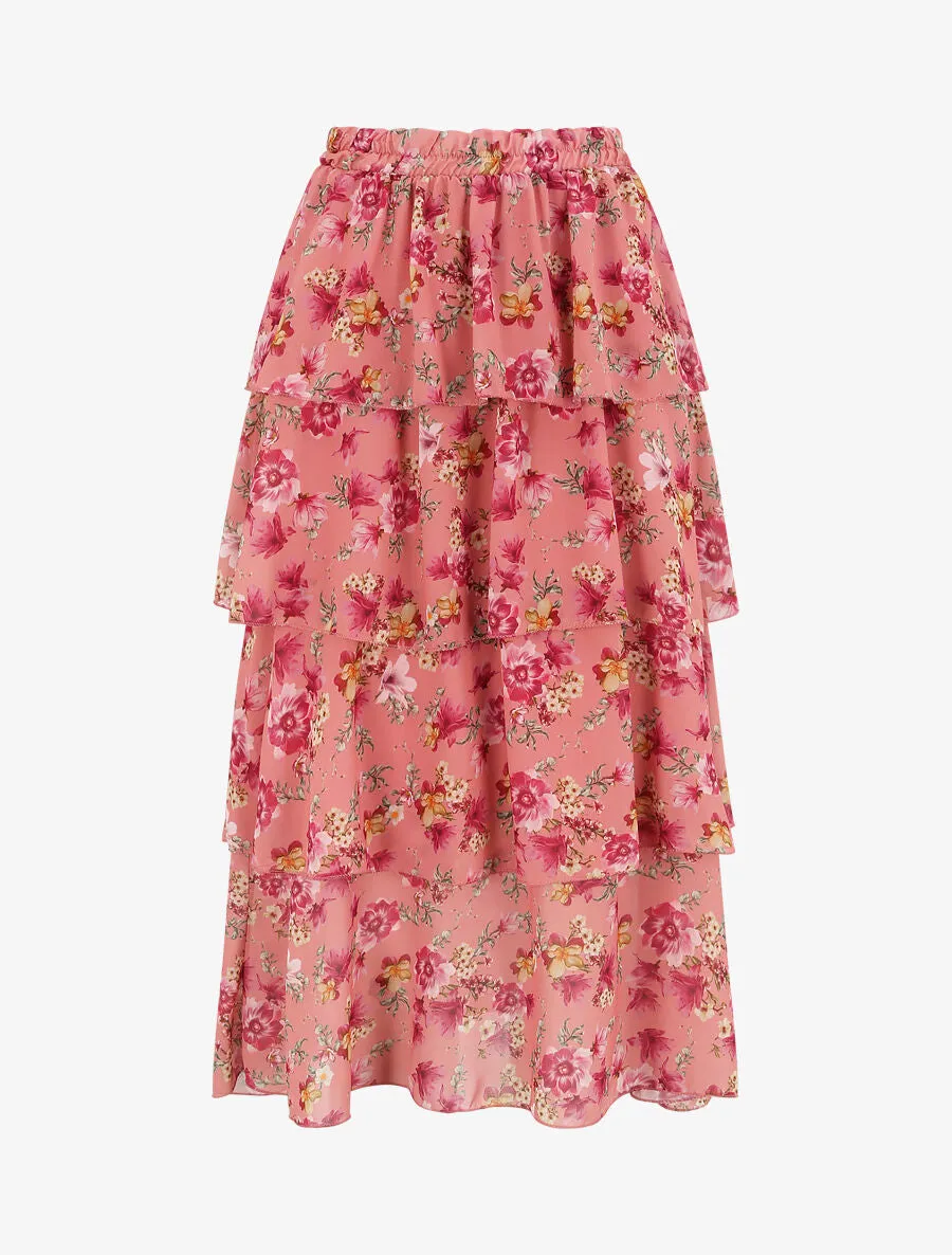 Jupe longue à volants et imprimé fleuri - Vieux rose