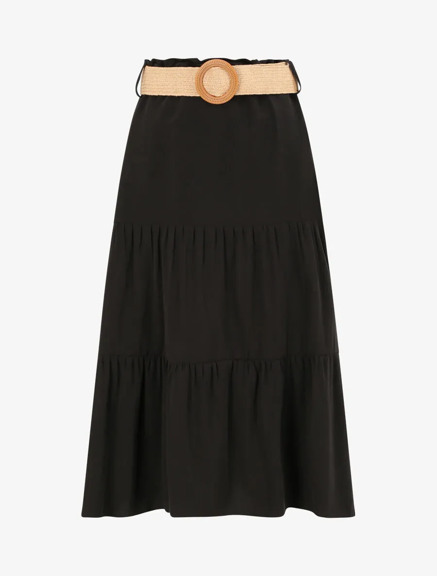Jupe trapèze mi-longue à taille paper bag - Noir