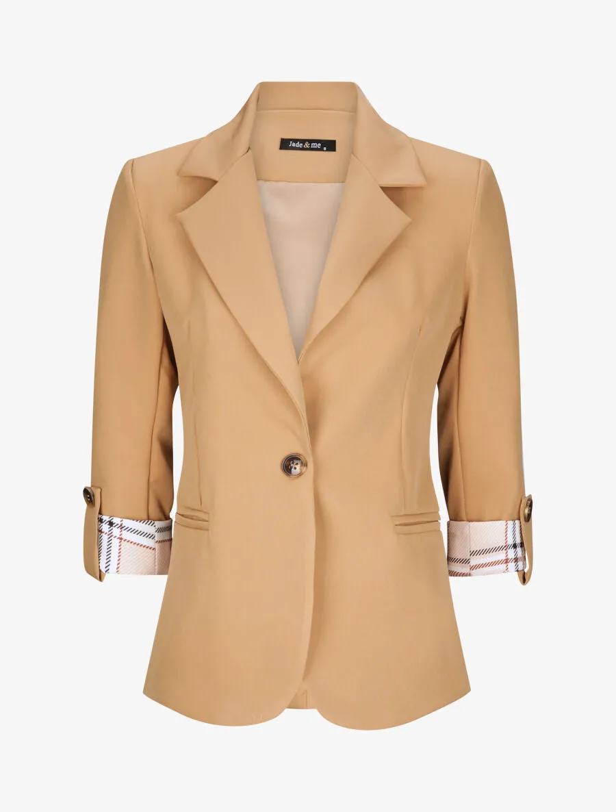 Blazer droit uni manches 3/4 à revers carreaux - Camel