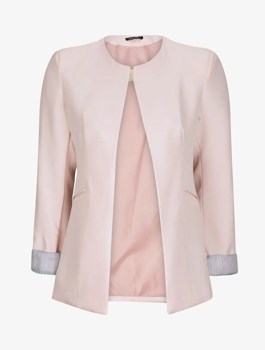 Veste droite unie manches à revers rayé - Rose pastel