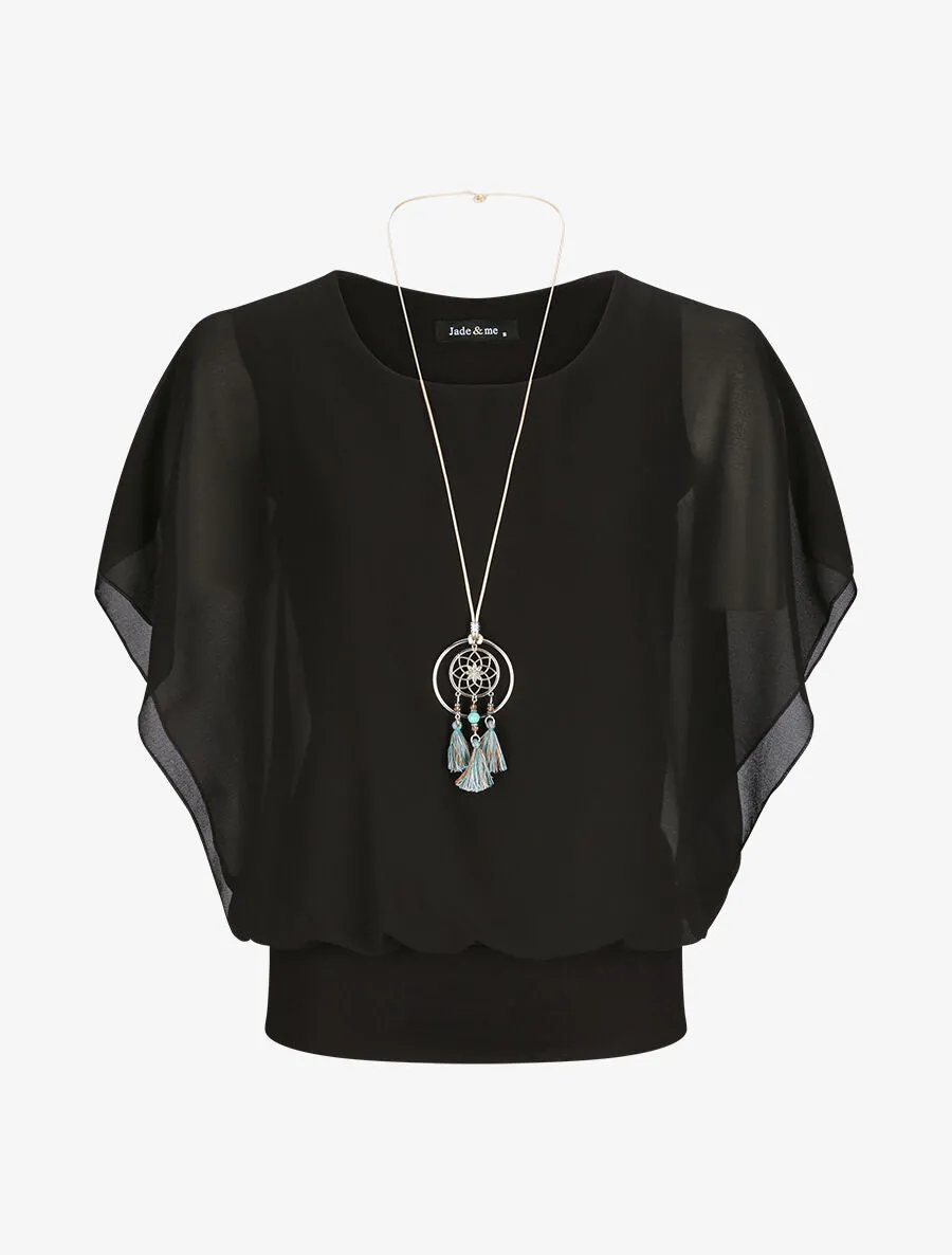 Top boule uni manches courtes chauve-souris - Noir