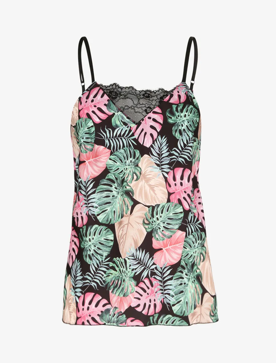 Caraco droit satiné à imprimé jungle et dentelle stylisée - Noir