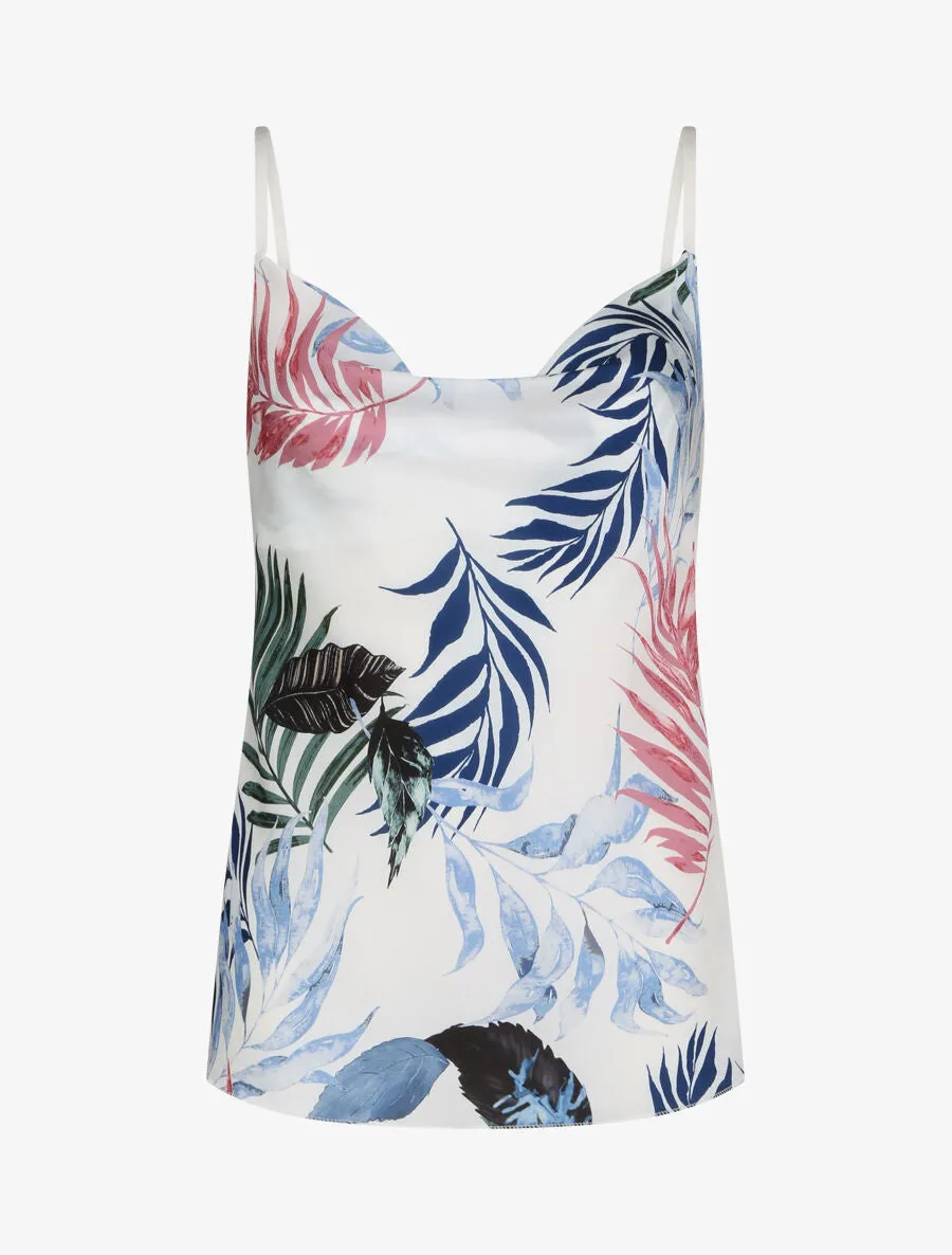 Caraco droit satiné à col bénitier et imprimé tropical - Blanc