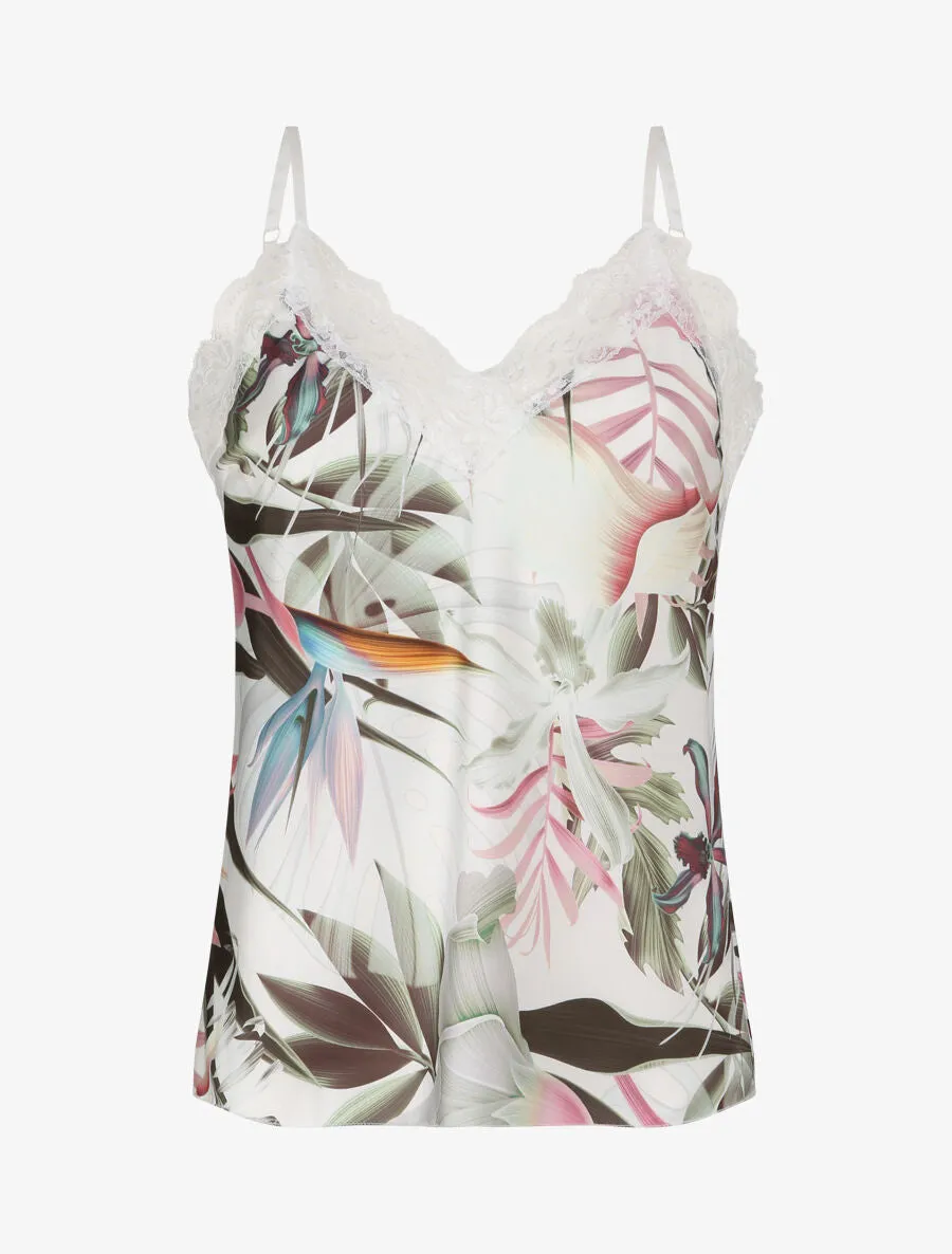 Caraco droit satiné imprimé tropical et col V en dentelle - Blanc