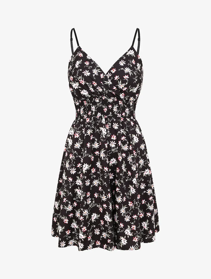 Robe cache-coeur fleurie à fines bretelles - Noir