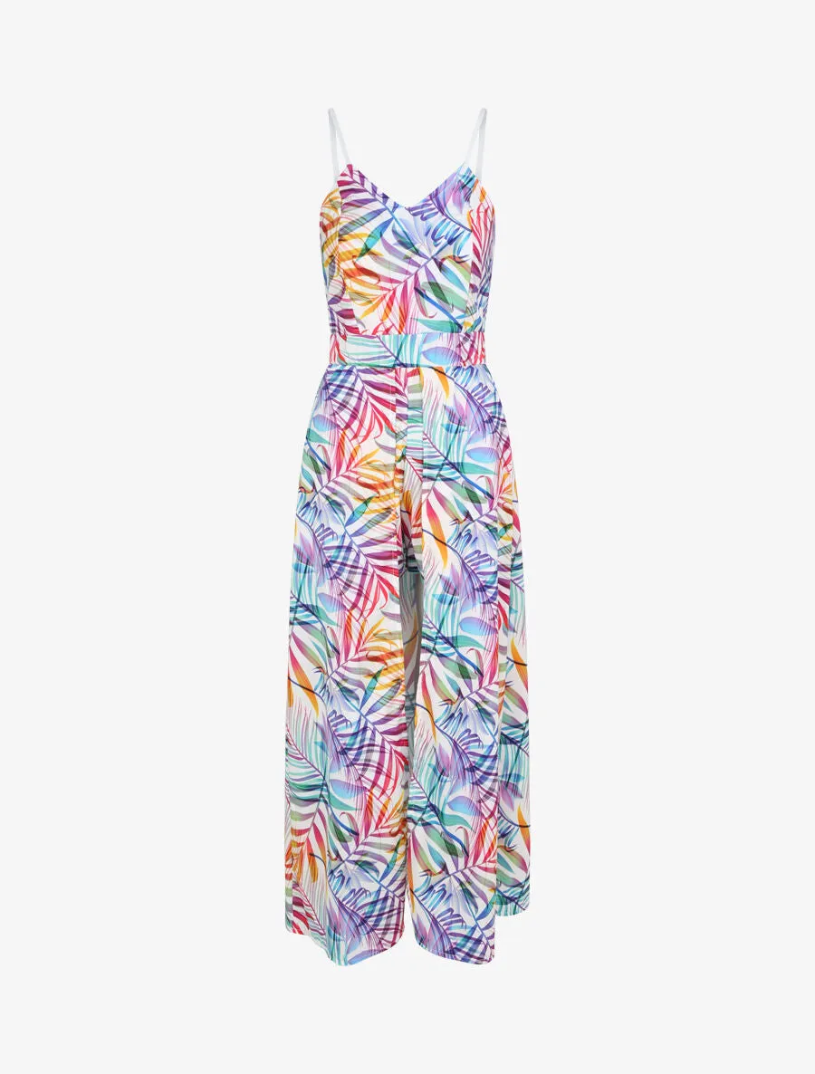 Combishort trompe l'oeil imprimé feuilles tropicales - Blanc