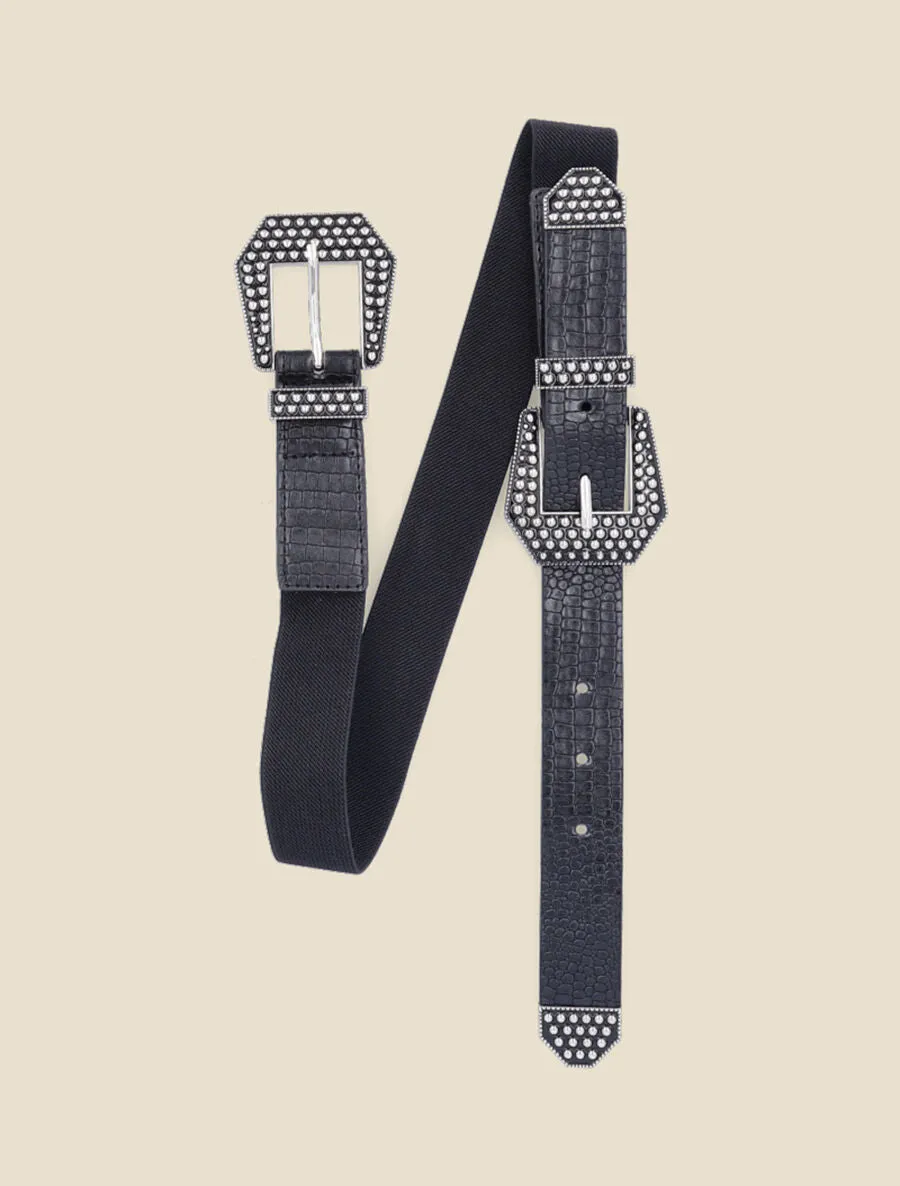 Ceinture effet croco à double boucles métalliques - Noir/argent