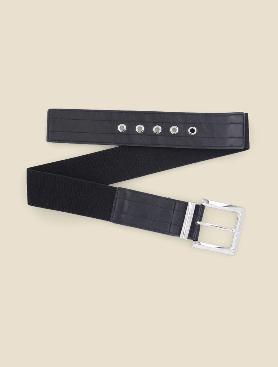 Ceinture élastiquée à boucle métallique carrée - Noir/argent