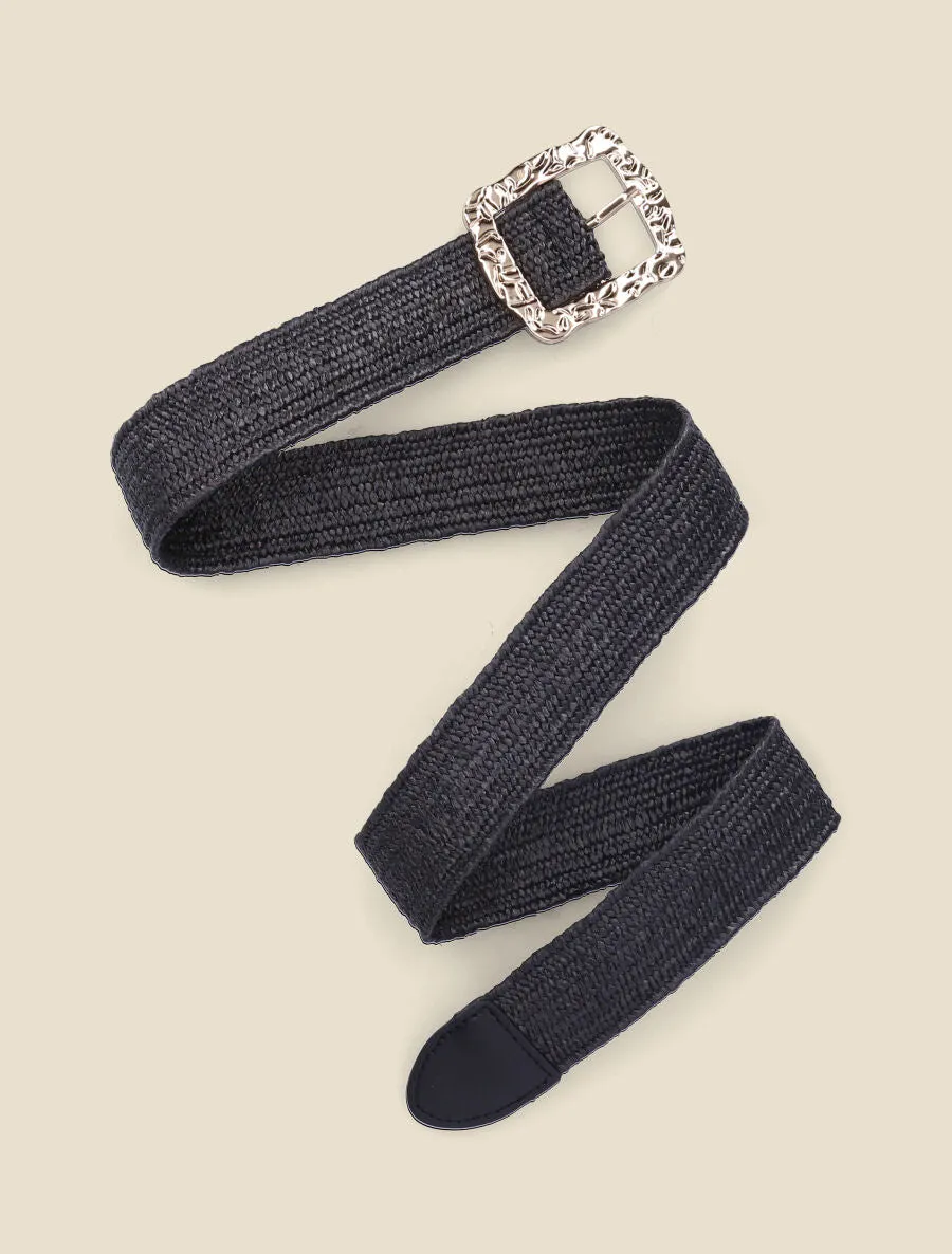 Ceinture style raphia à boucle carrée dorée - Noir