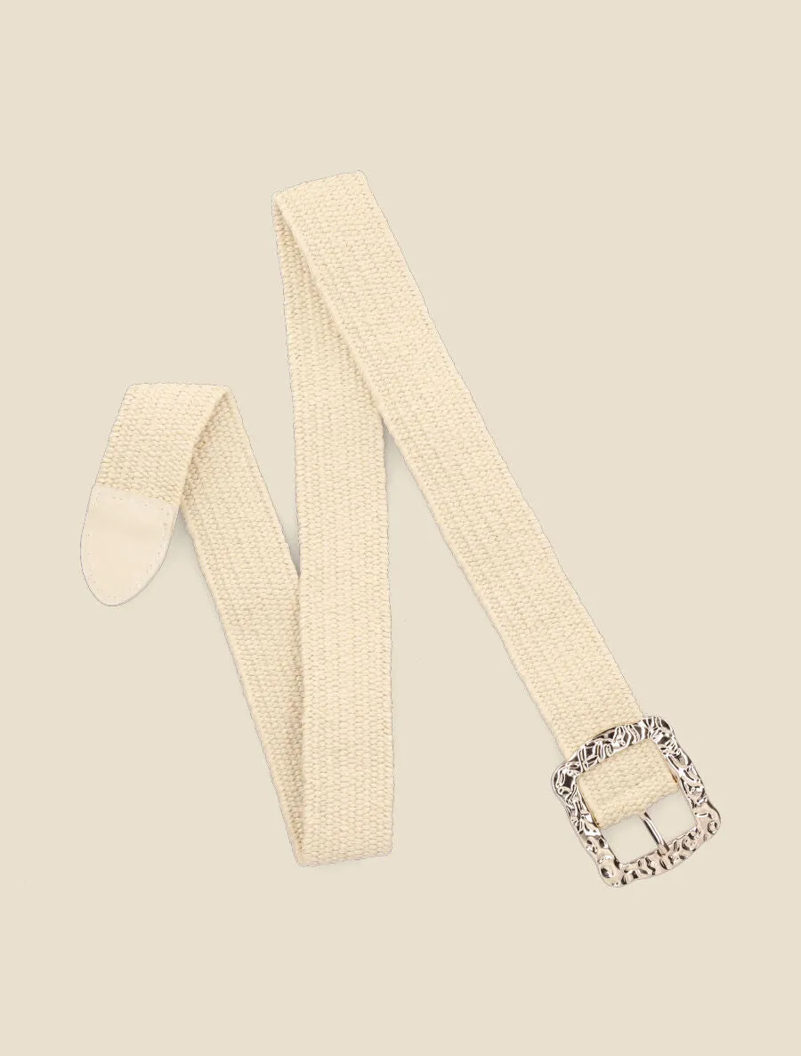 Ceinture style raphia à boucle carrée dorée - Beige