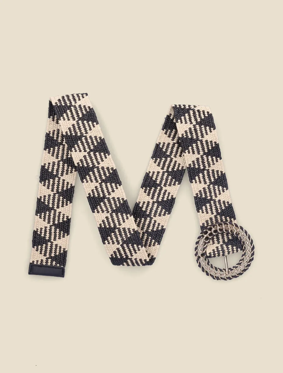 Ceinture style raphia à boucle ronde stylisée - Noir/beige