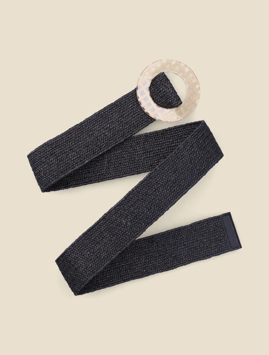 Ceinture style raphia à boucle ronde graphique - Noir