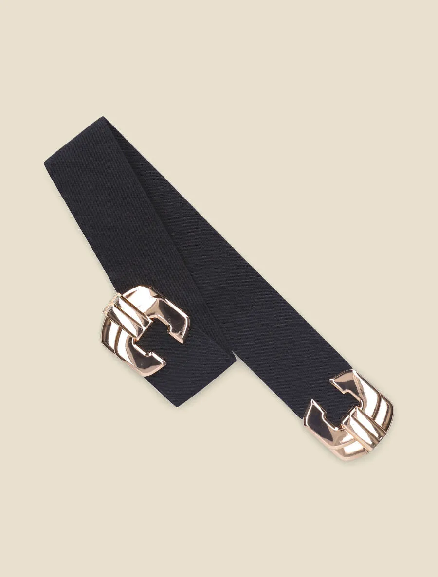 Ceinture élastiquée à boucle en croix stylisée - Noir