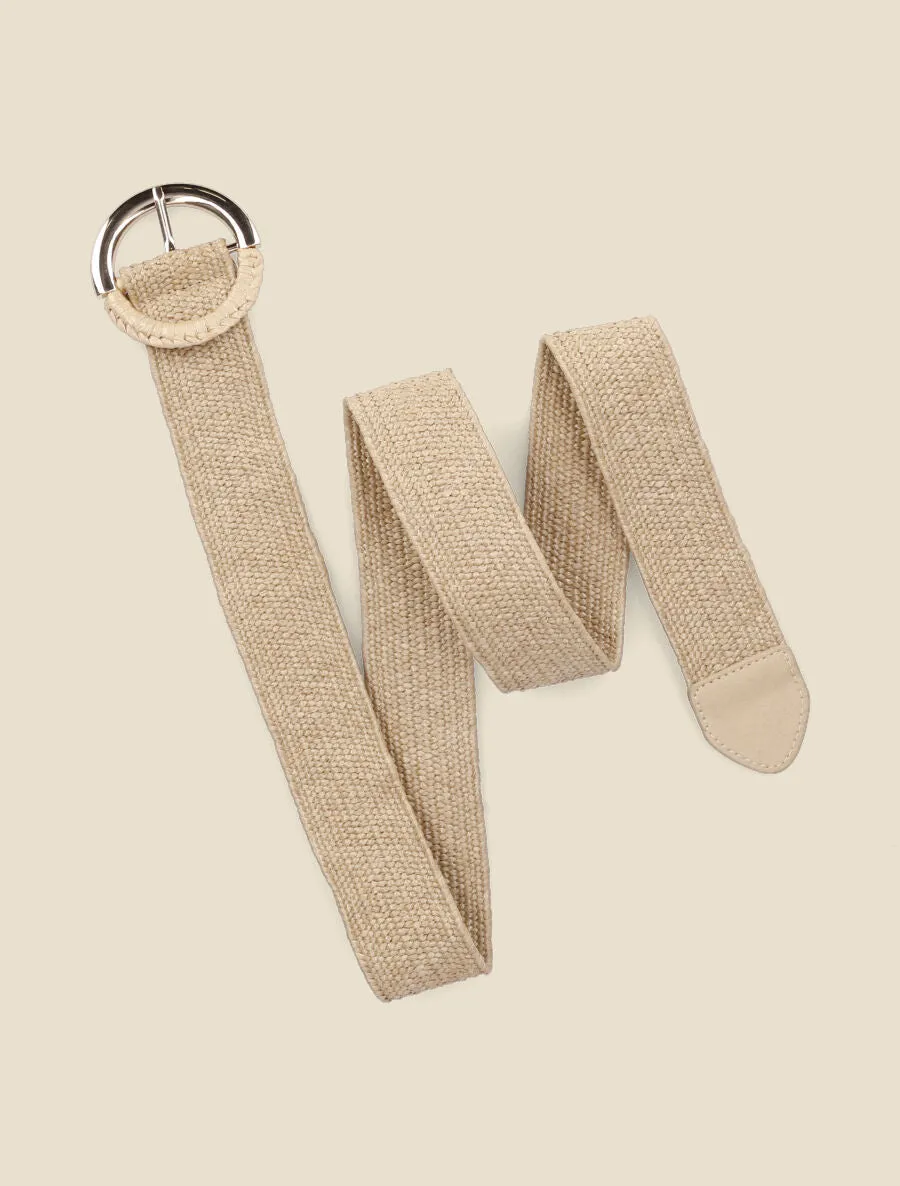 Ceinture en raphia à boucle ronde bimatière - Beige