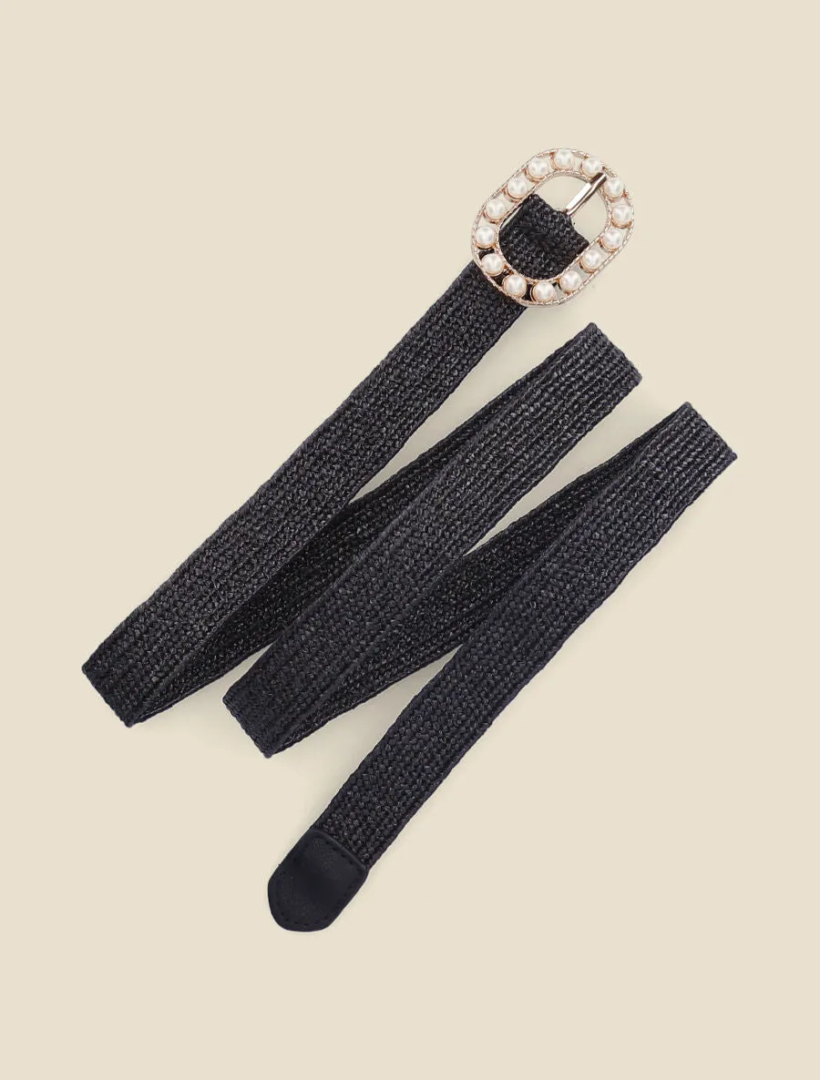 Ceinture en raphia à boucle ornée de perles - Noir