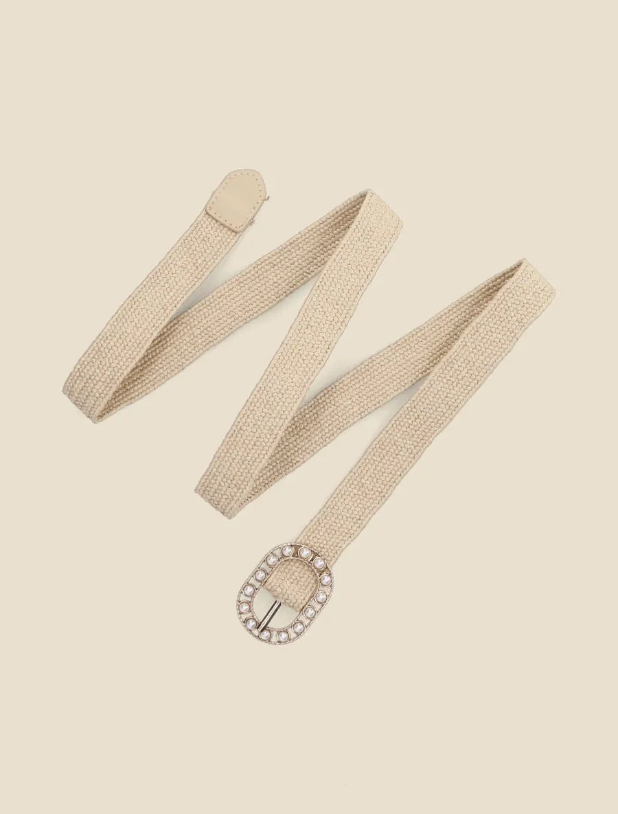 Ceinture en raphia à boucle ornée de perles - Taupe