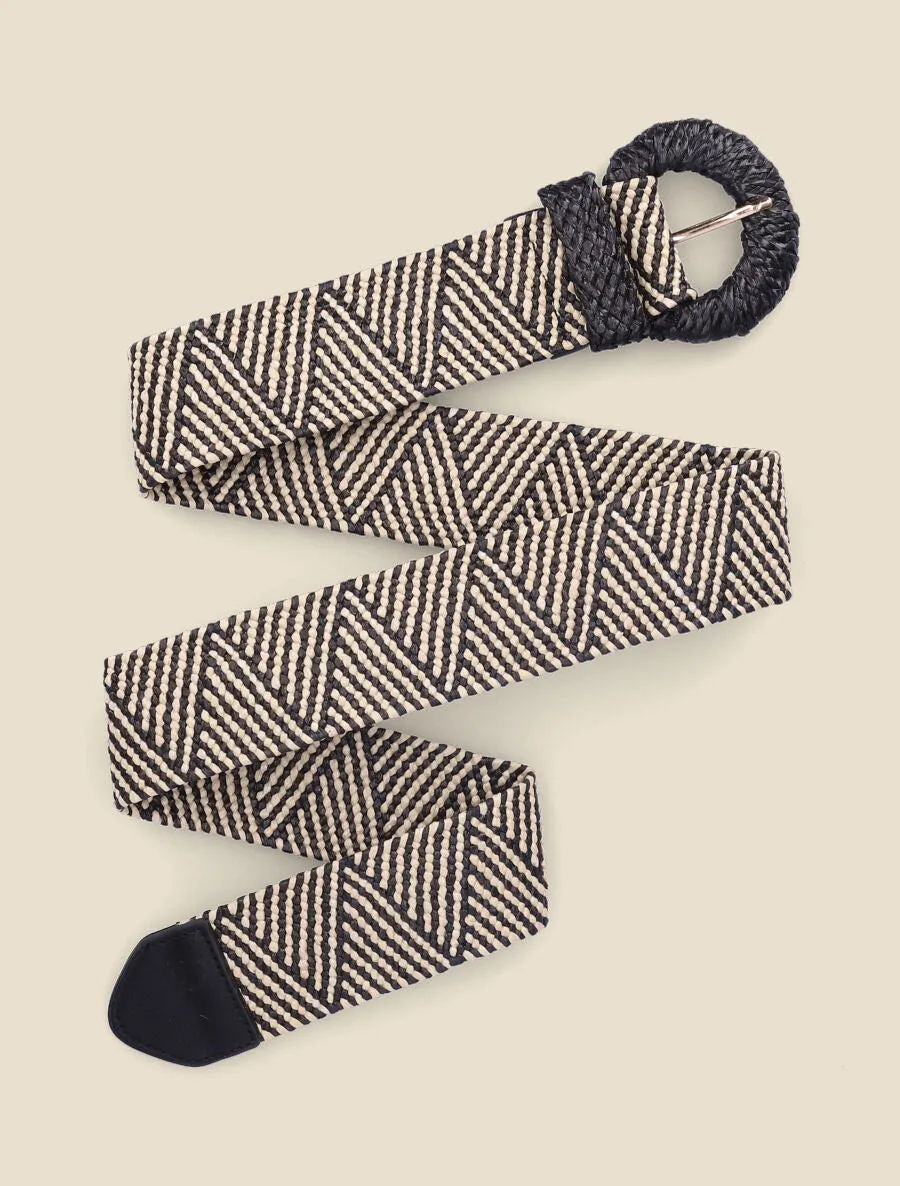 Ceinture élastiquée en raphia - Noir/beige